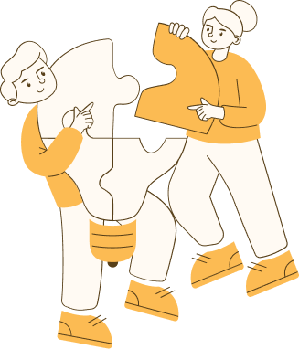 Two illustrated figures assembling a large jigsaw piece, representing Design Thinking Fundamentals